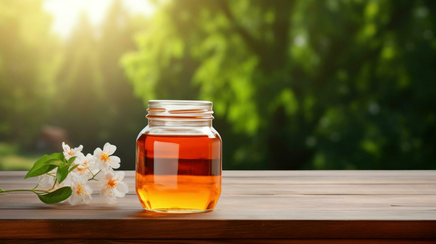 ai gegenereerd pot van honing met blanco voorkant realistisch Aan een mockup sjabloon in een houten tafel in een zomer tuin met bij, foto