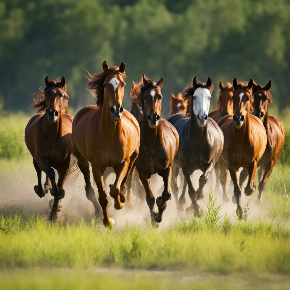 ai gegenereerd een groep van paarden rennen aan de overkant een weide, gevangen genomen in een dynamisch actie schot foto
