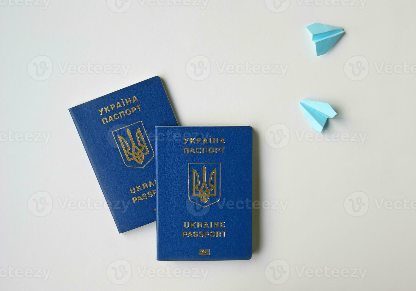 nieuw oekraïens biometrisch paspoorten en blauw papier vliegtuigen Aan een wit achtergrond. foto