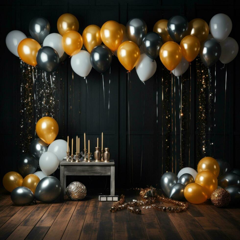 ai gegenereerd nieuw jaar met deze levendig backdrop met metalen goud en zilver ballonnen tegen een zwart foto