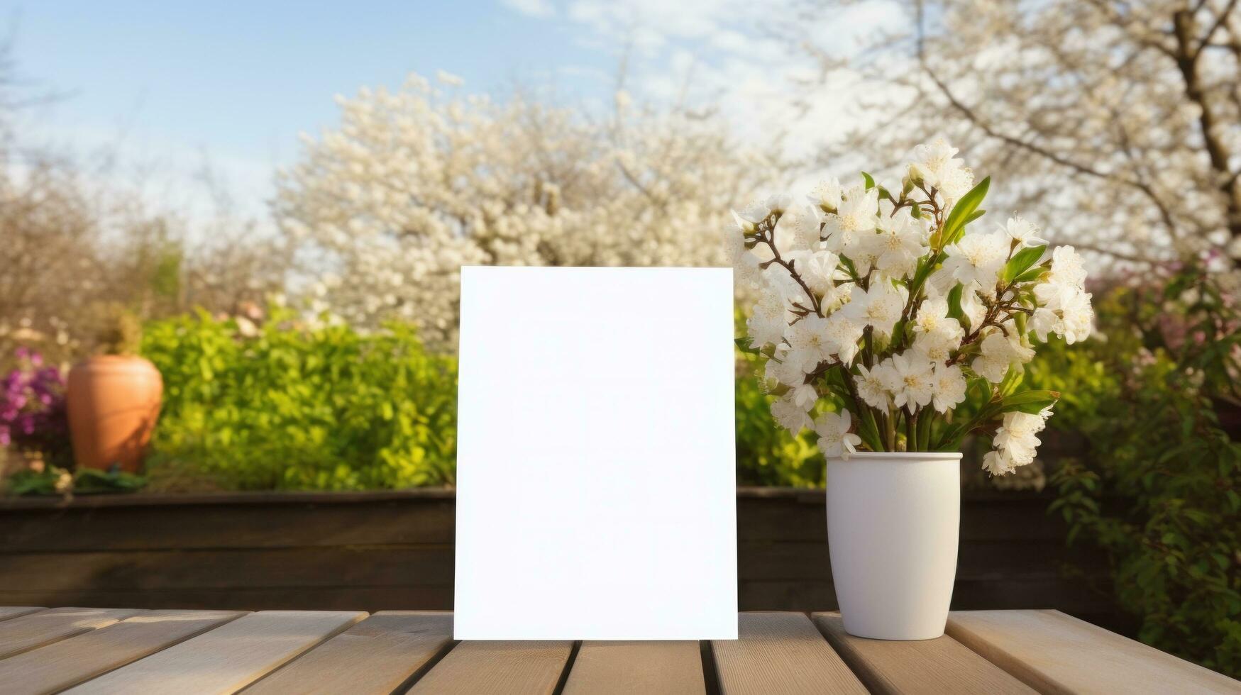 ai gegenereerd wit groet kaart met blanco voorkant, realistisch Aan een mockup sjabloon in een houten tafel in een Pasen luxe achtergrond in huis binnen, foto