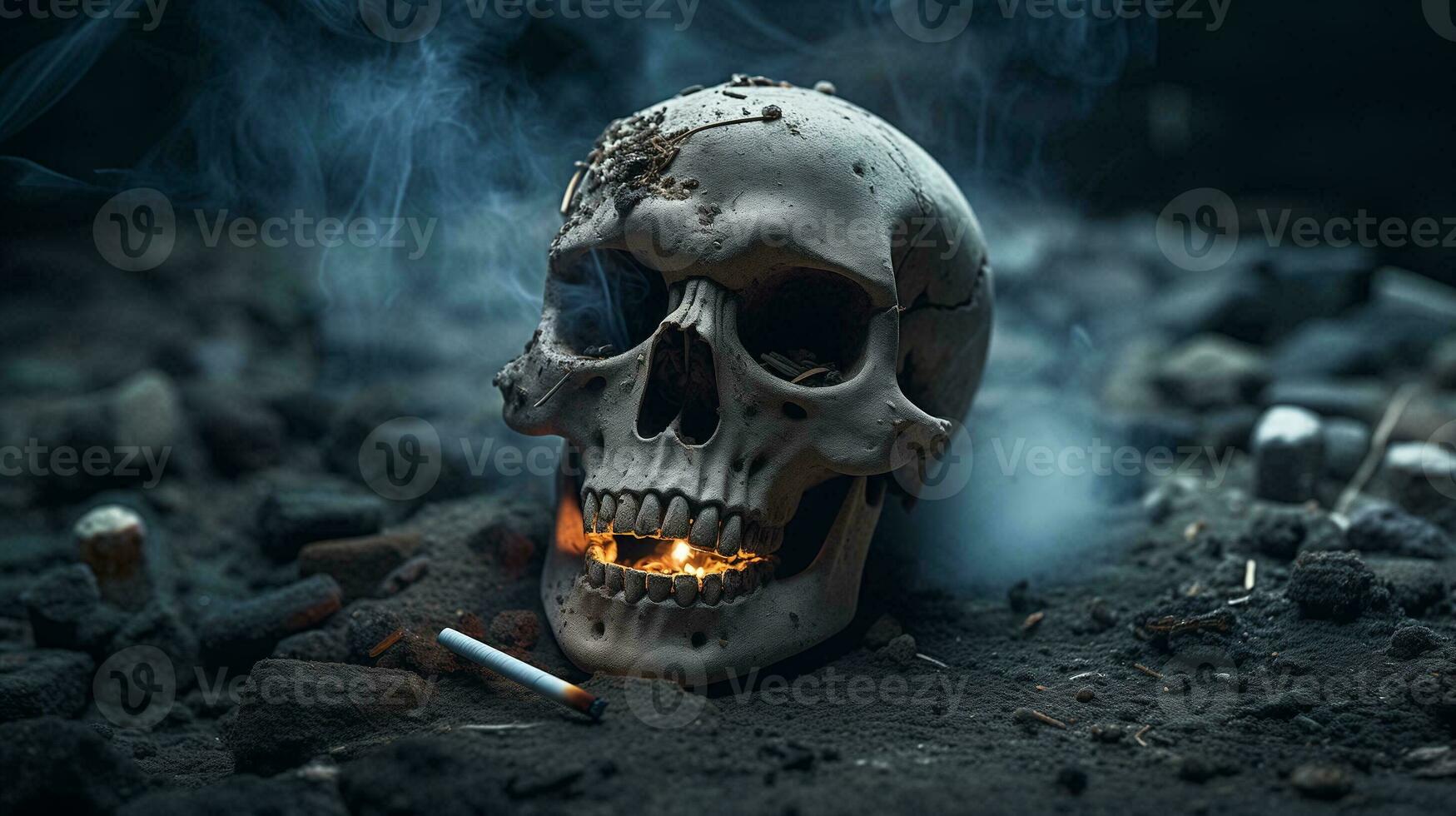 ai gegenereerd rook doodt concept. schedel in as. anti tabak foto
