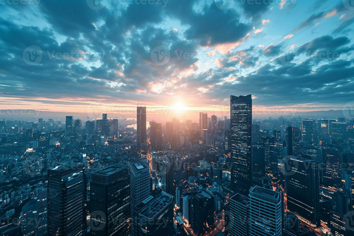 ai gegenereerd zonsondergang wolkenkrabbers, modern stedelijk majesteit foto