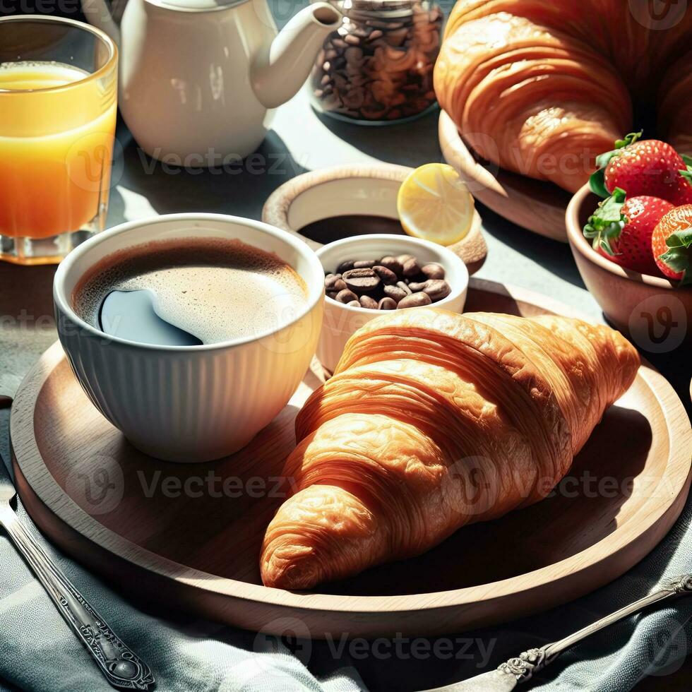 ai gegenereerd ontbijt croissant met een kop koffie met licht blootstelling ai generatief foto