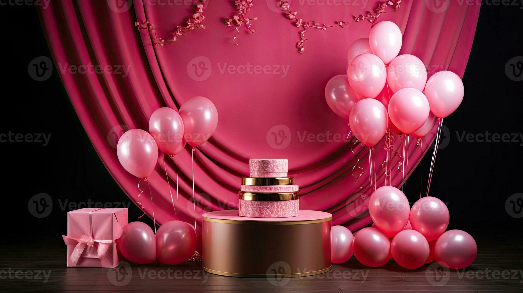 ai gegenereerd roze Product podium met ballon Aan de gordijn achtergrond ai generatief foto