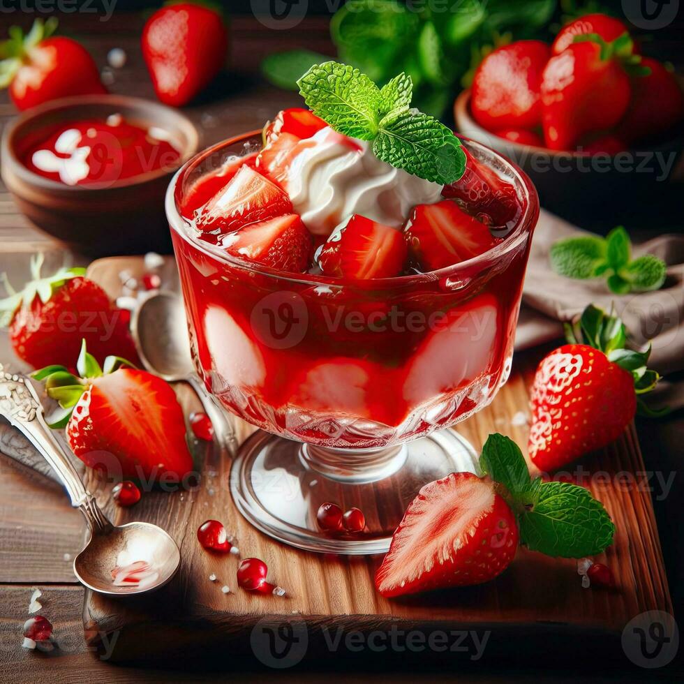 ai gegenereerd romig aardbei pudding Aan de tafel foto