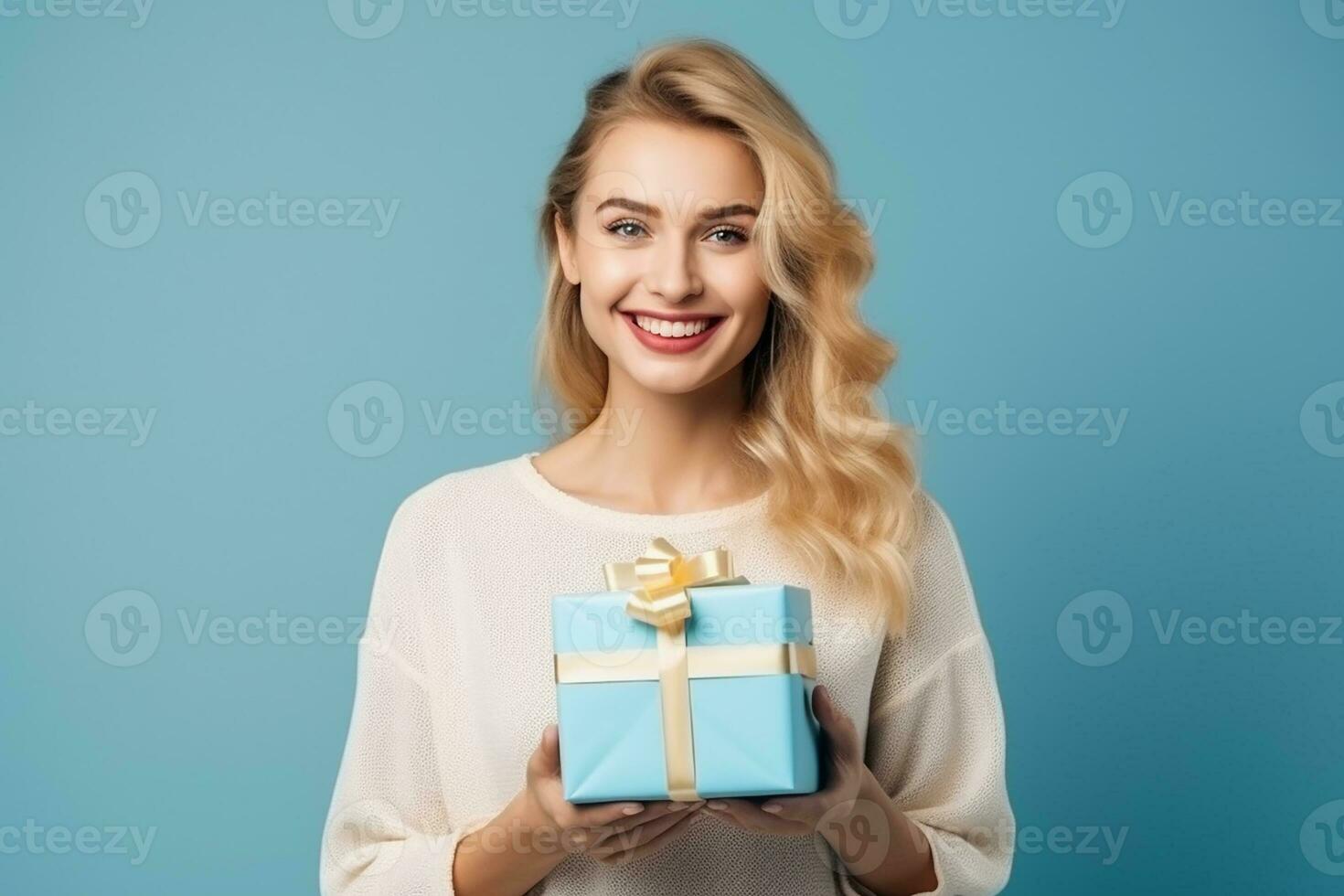 ai gegenereerd portret van een mooi jong vrouw glimlachen met geschenk doos Aan geïsoleerd achtergrond generatief ai foto
