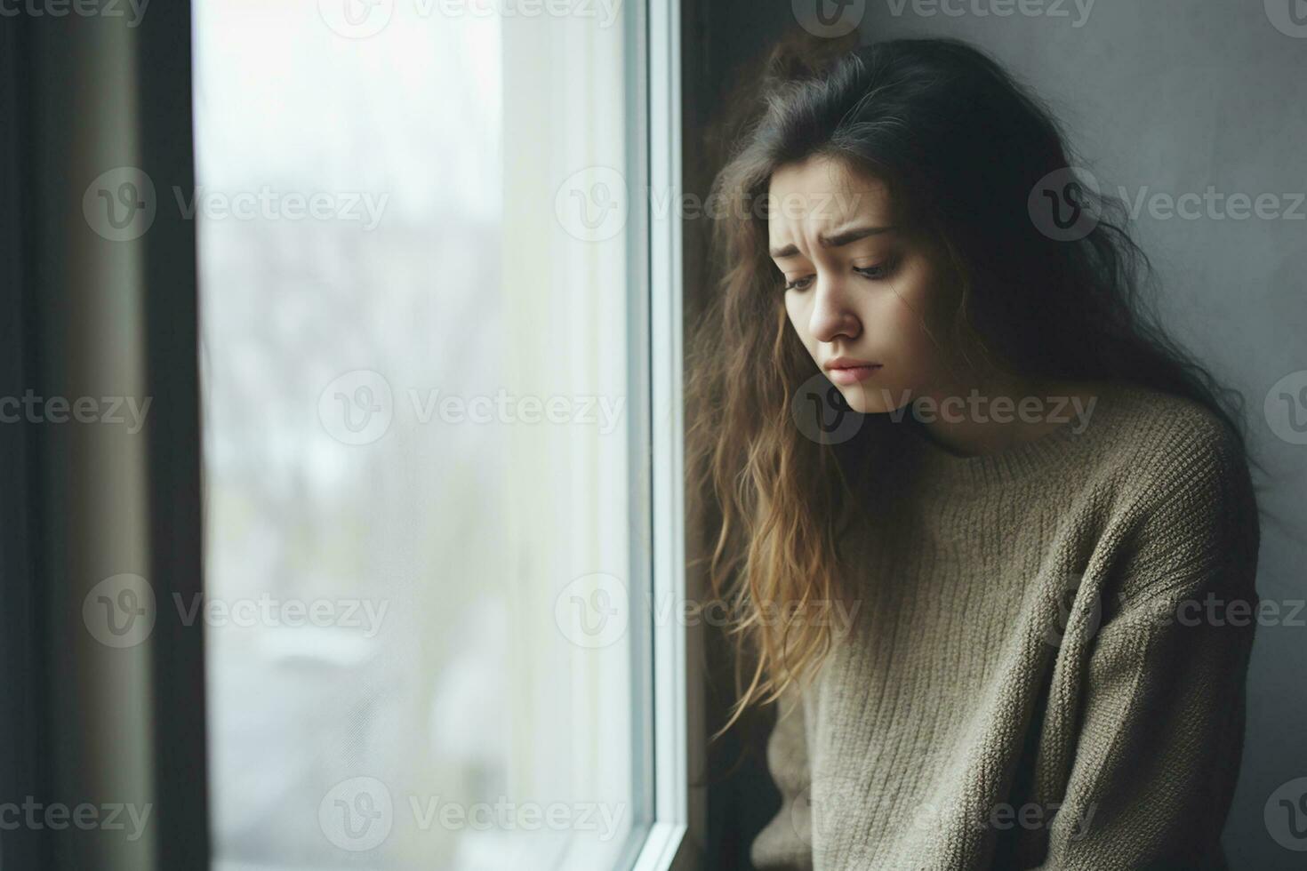 ai gegenereerd een depressief vrouw zittend Aan een venster generatief ai foto