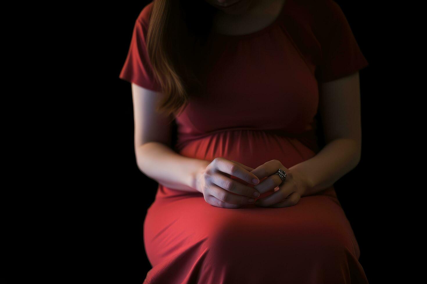 ai gegenereerd zwanger vrouw in rood jurk Aan zwart achtergrond, detailopname, bijgesneden beeld van een vrouw Holding een zwangerschap test Aan haar knieën, ai gegenereerd foto