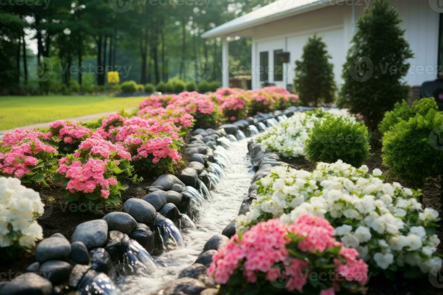 ai gegenereerd milieuvriendelijk automatisch tuin gieter systeem zonsondergang. genereren ai foto