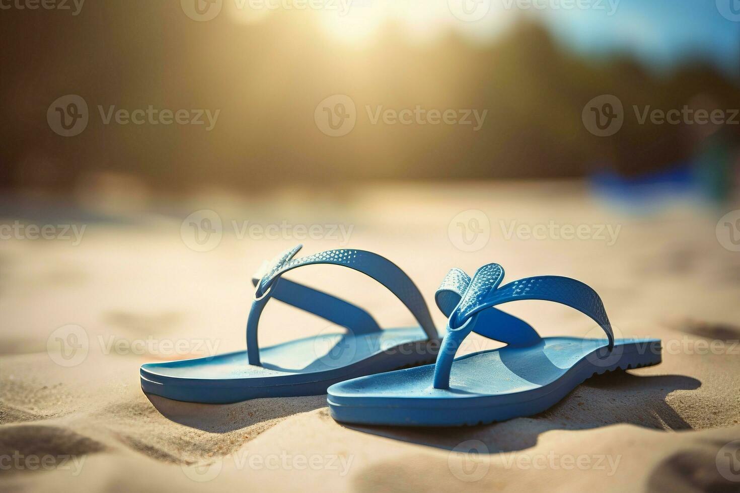 zomer blauw slippers Aan zand. genereren ai foto