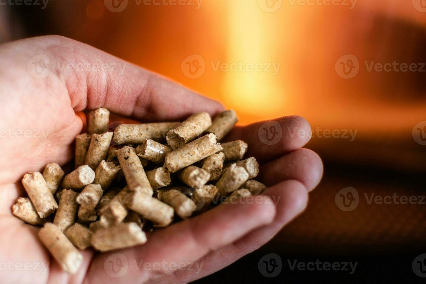 hand- Holding pellets in voorkant van de glas van een fornuis met een mooi vlam foto