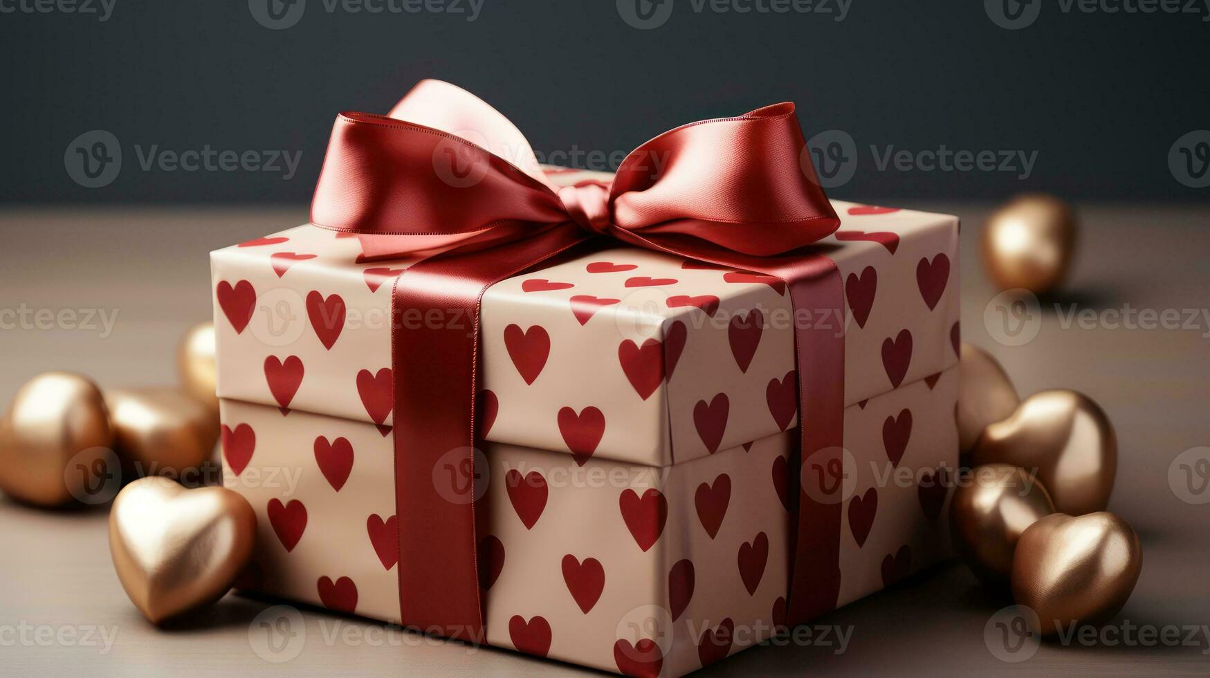 ai gegenereerd Valentijnsdag dag liefde hart geschenk doos met polka dots en lint boog foto