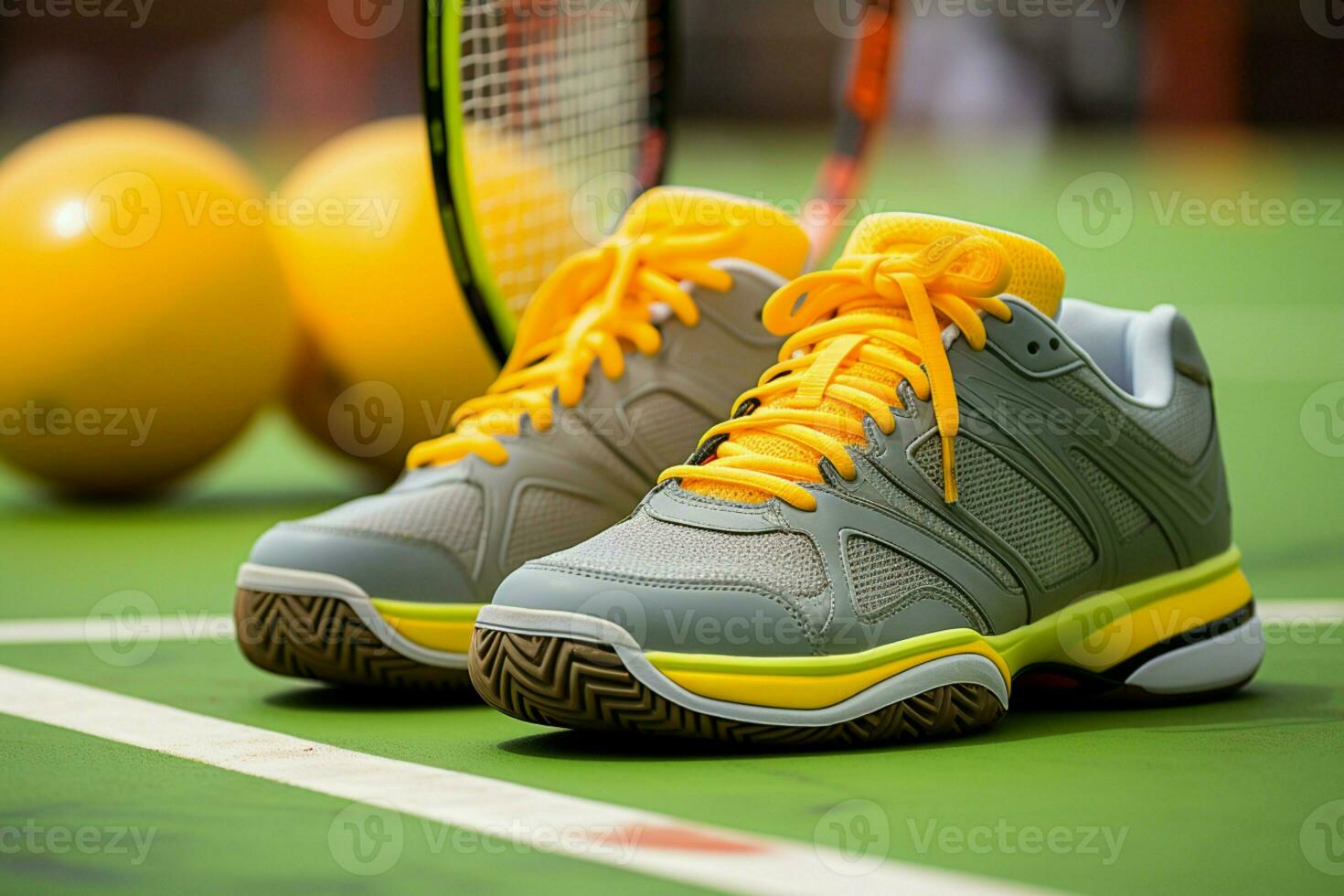 ai gegenereerd actief levensstijl sportschoenen dichtbij omhoog, gekoppeld met tennis uitrusting foto