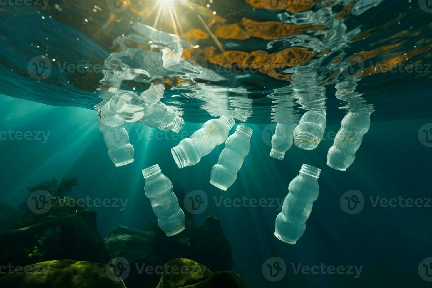 ai gegenereerd marinier besmetting plastic flessen verontrustend gevonden drijvend onderwater- foto