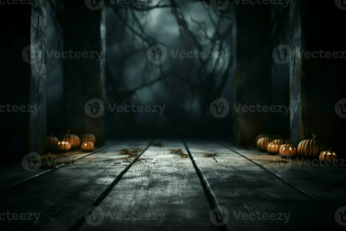 ai gegenereerd spookachtig halloween donker verschrikking achtergrond sets een mysterieus stadium met houten planken ai gegenereerd foto