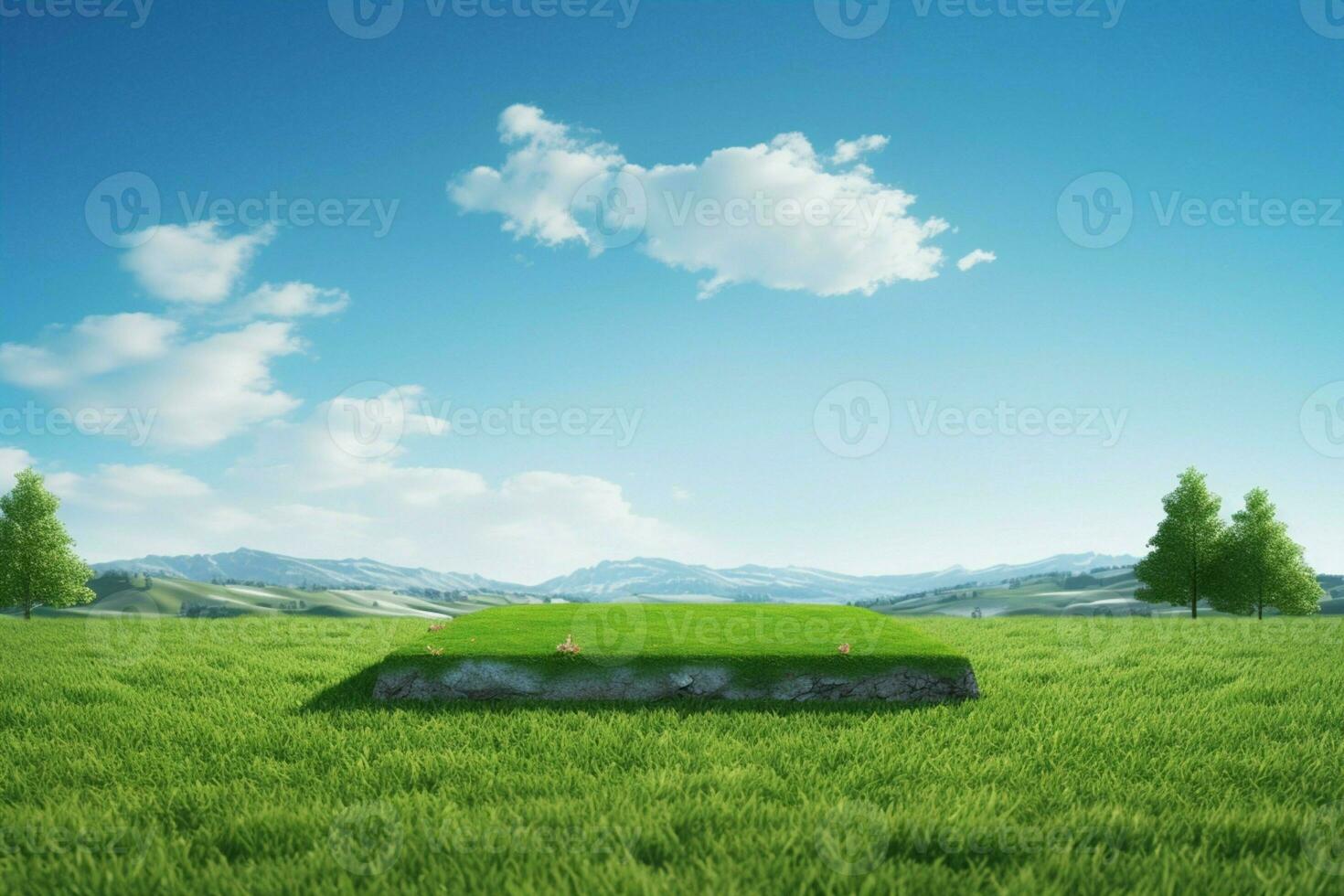 ai gegenereerd sereen podium renderen Aan land, met een groen gras veld- foto