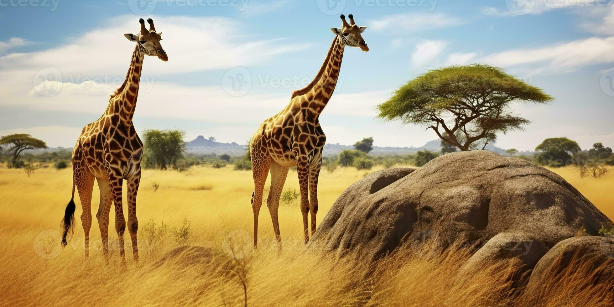 ai gegenereerd giraffen in de Afrikaanse savanne. serengeti nationaal park. Afrika. Tanzania. ai gegenereerd foto