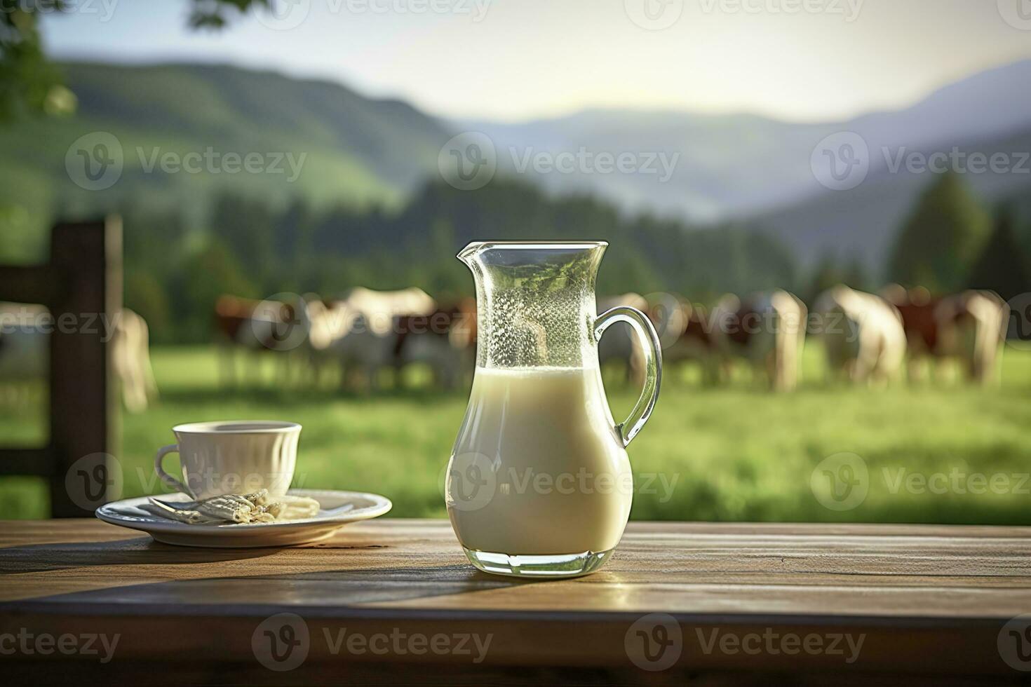 ai gegenereerd glas werper met vers melk Aan een houten tafel. ai gegenereerd foto