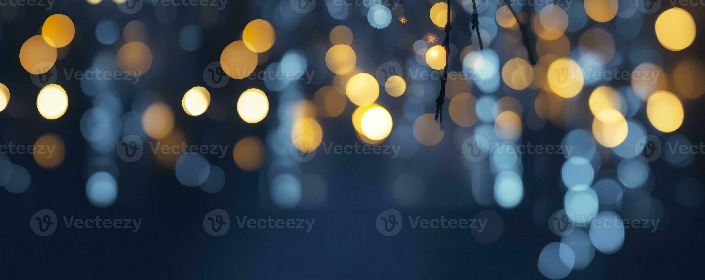 ai gegenereerd vakantie verlichting en decoratie concept, Kerstmis slinger bokeh lichten over- donker blauw achtergrond. ai gegenereerd foto