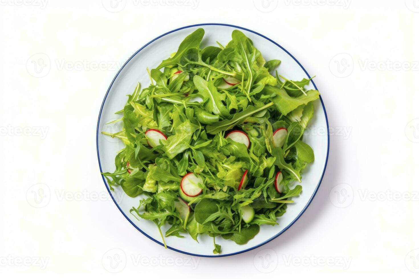 ai gegenereerd gezond vers groen salade bord schot van bovenstaand Aan wit achtergrond. ai gegenereerd foto