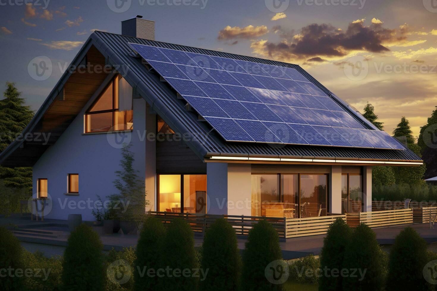ai gegenereerd modern huis met blauw zonne- panelen Aan de dak. einde van de dag, zonsondergang. ai gegenereerd foto