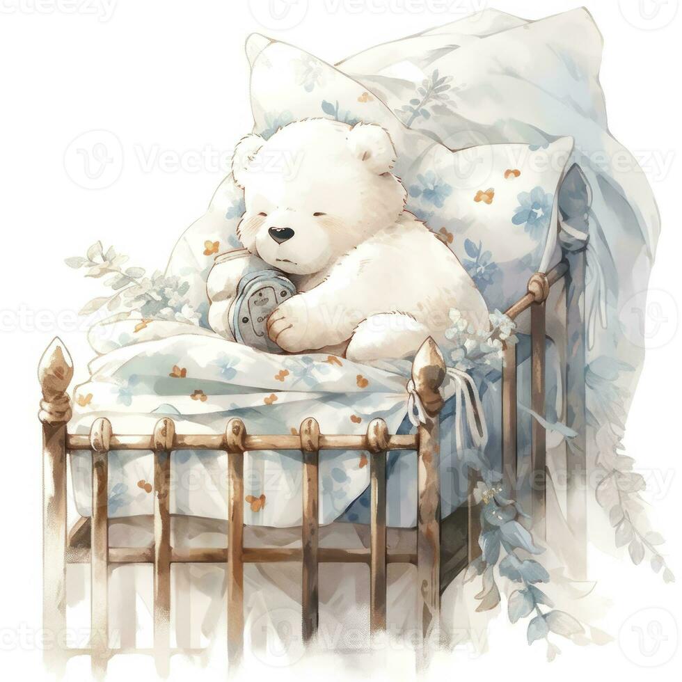 ai gegenereerd een slaperig baby wit beer in beddengoed. waterverf illustraties. ai gegenereerd foto
