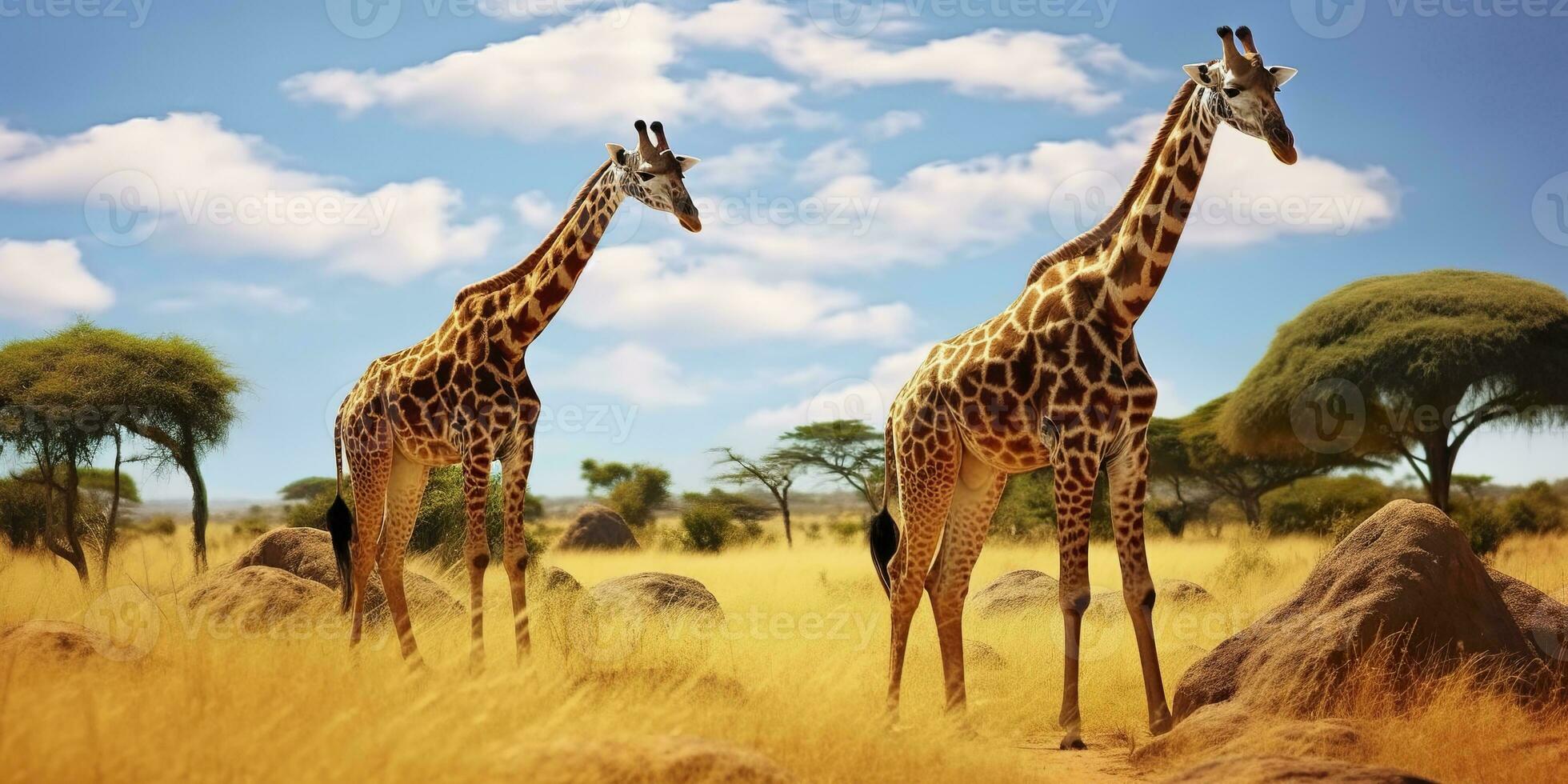 ai gegenereerd giraffen in de Afrikaanse savanne. serengeti nationaal park. Afrika. Tanzania. ai gegenereerd foto