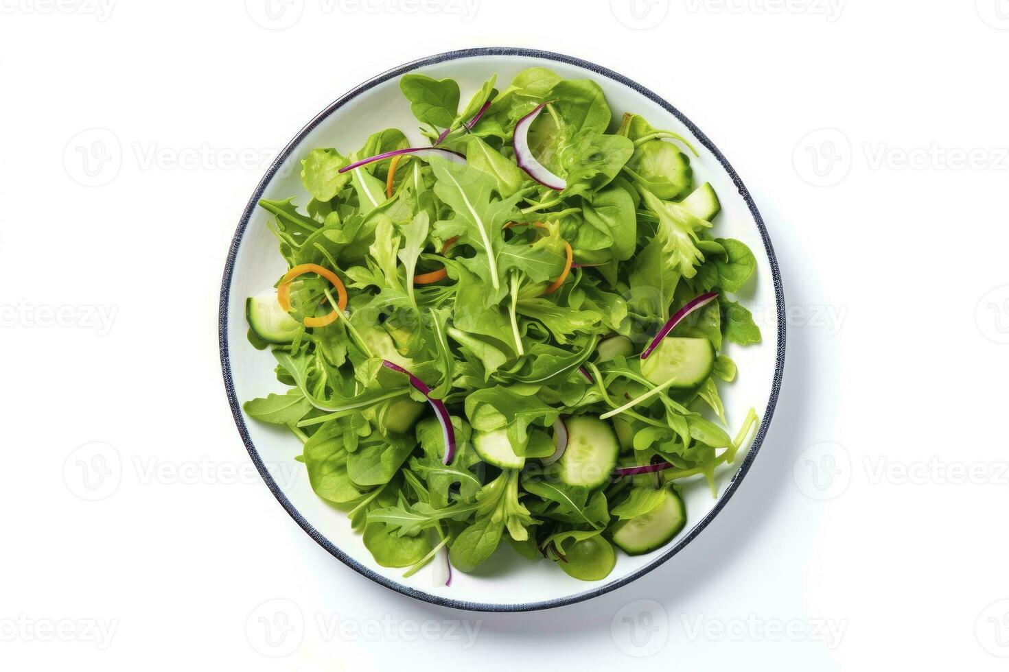 ai gegenereerd gezond vers groen salade bord schot van bovenstaand Aan wit achtergrond. ai gegenereerd foto