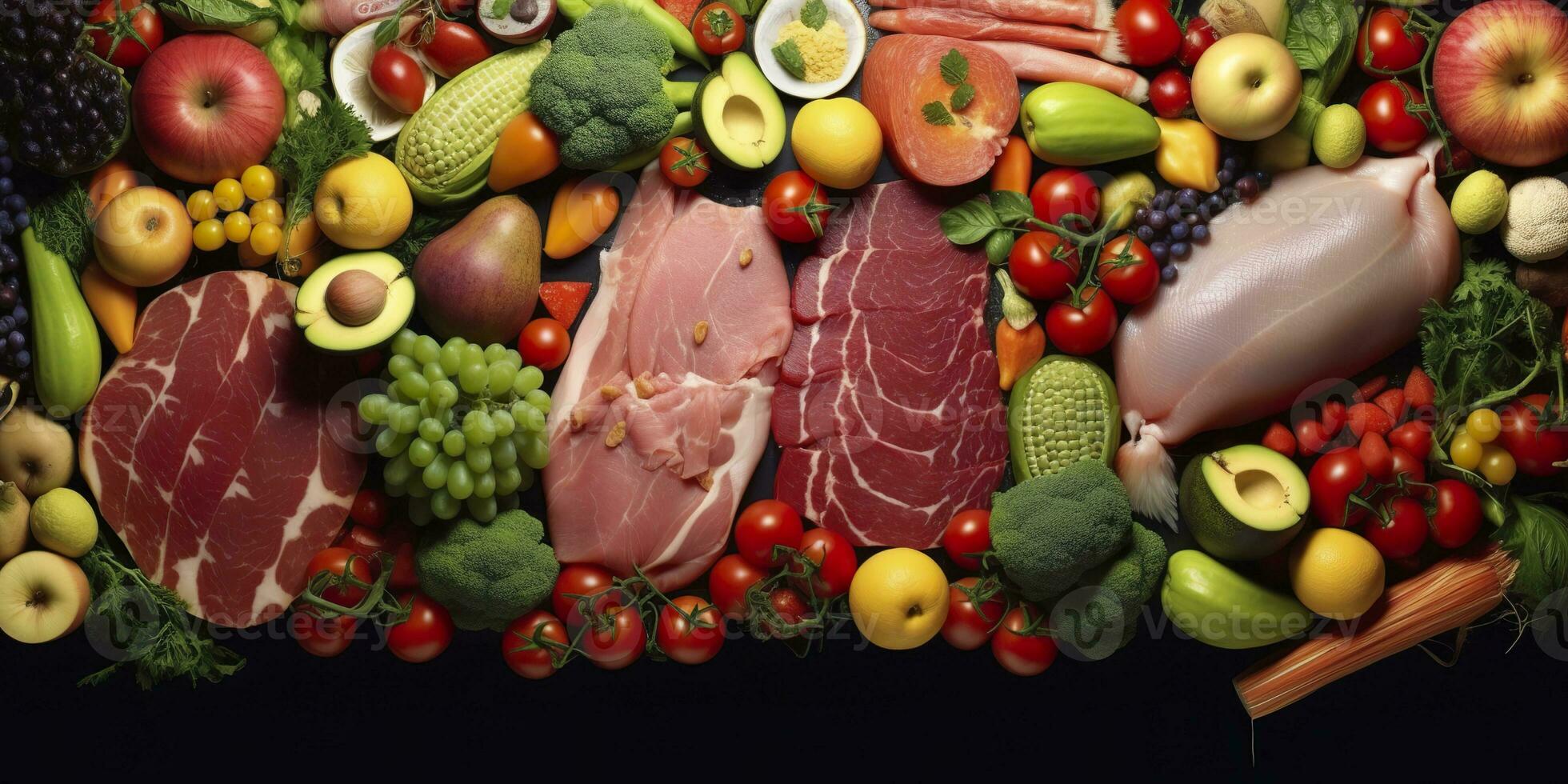 ai gegenereerd verschillend types van vlees, groenten, en fruit leggen in supermarkten. generatief ai foto