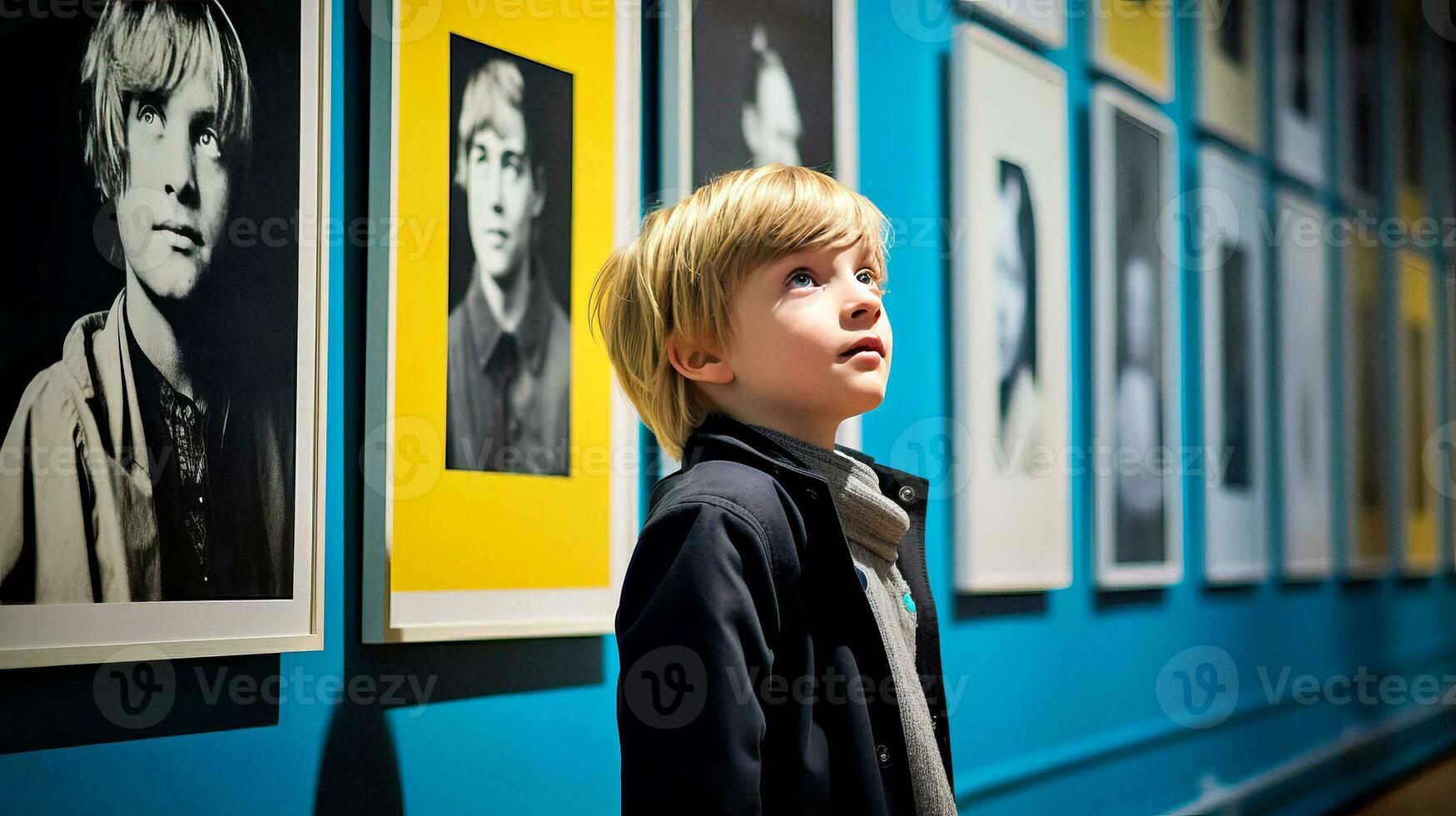 ai gegenereerd een jong jongen in voorkant van een beeld gevuld muur foto