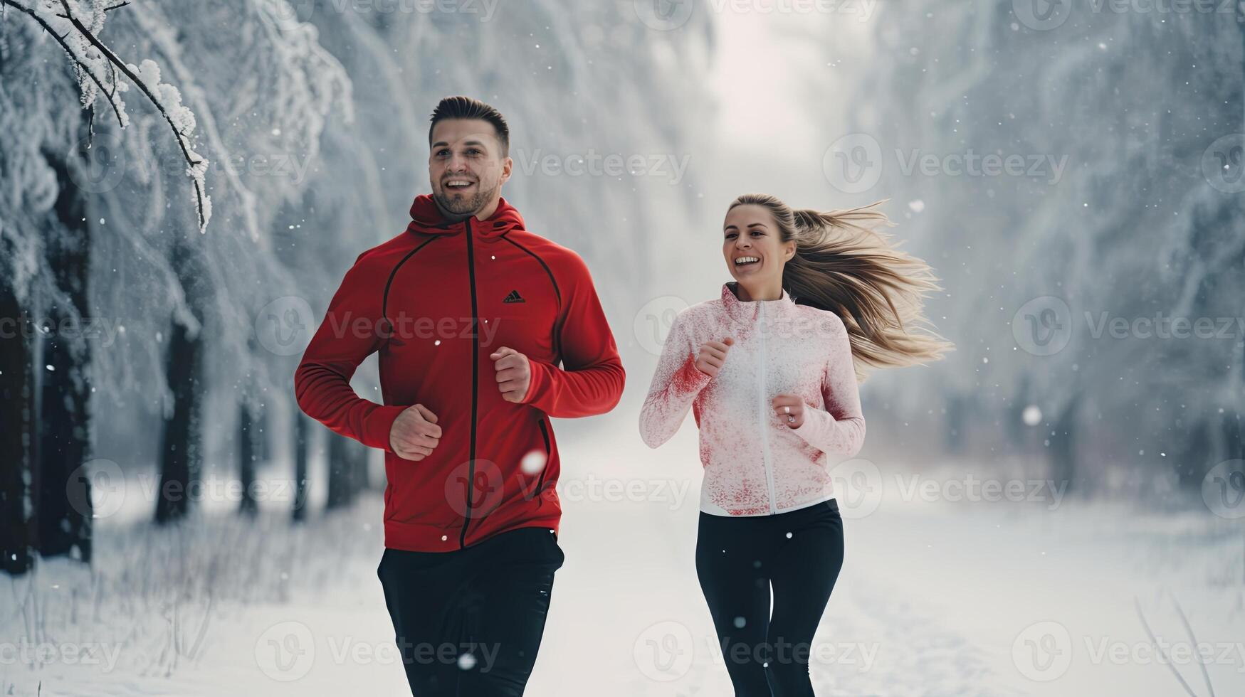 ai gegenereerd actief paar rennen samen in winter sneeuw foto