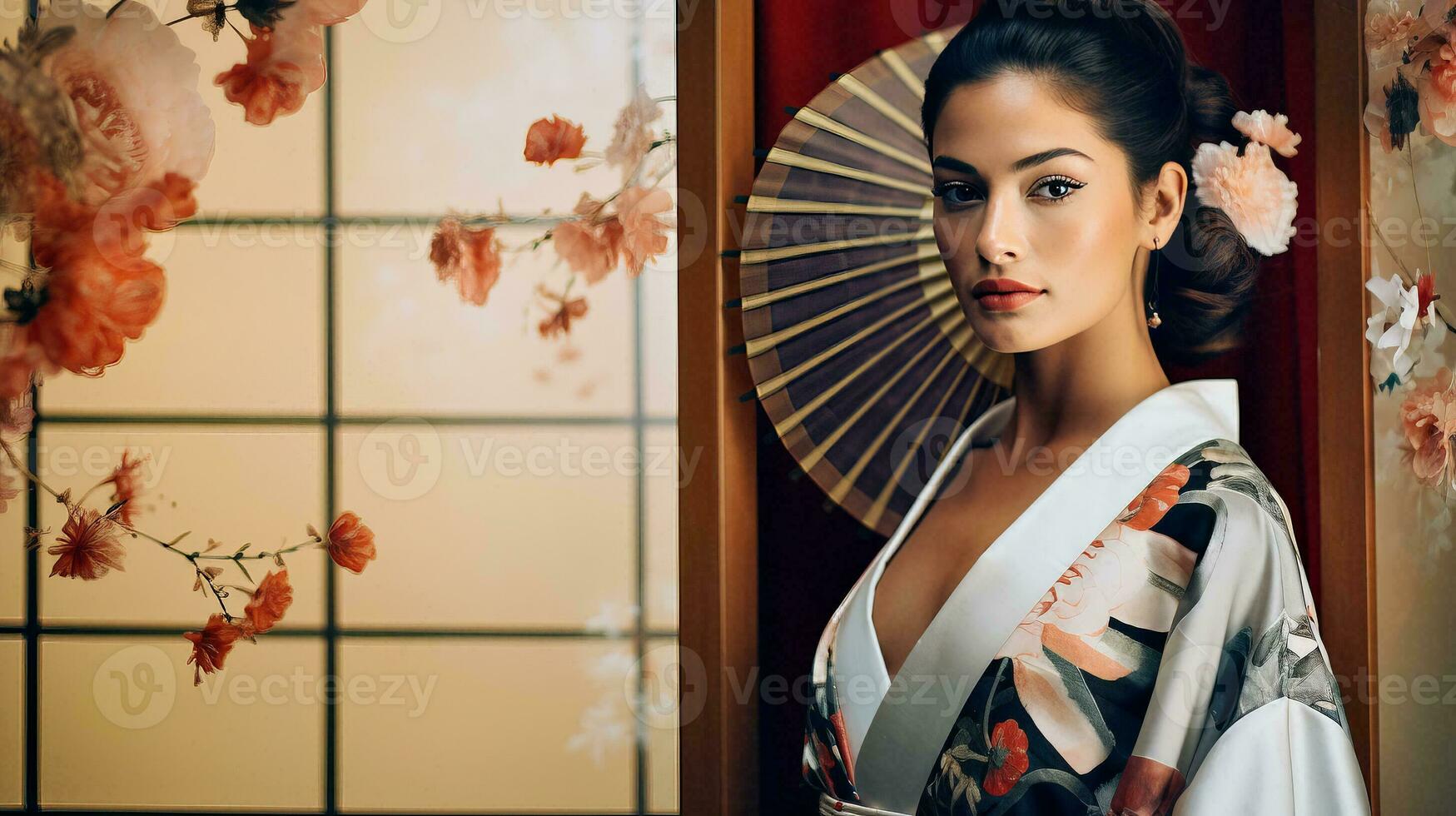 ai gegenereerd vrouw vervelend kimono gesteld in voorkant van venster foto