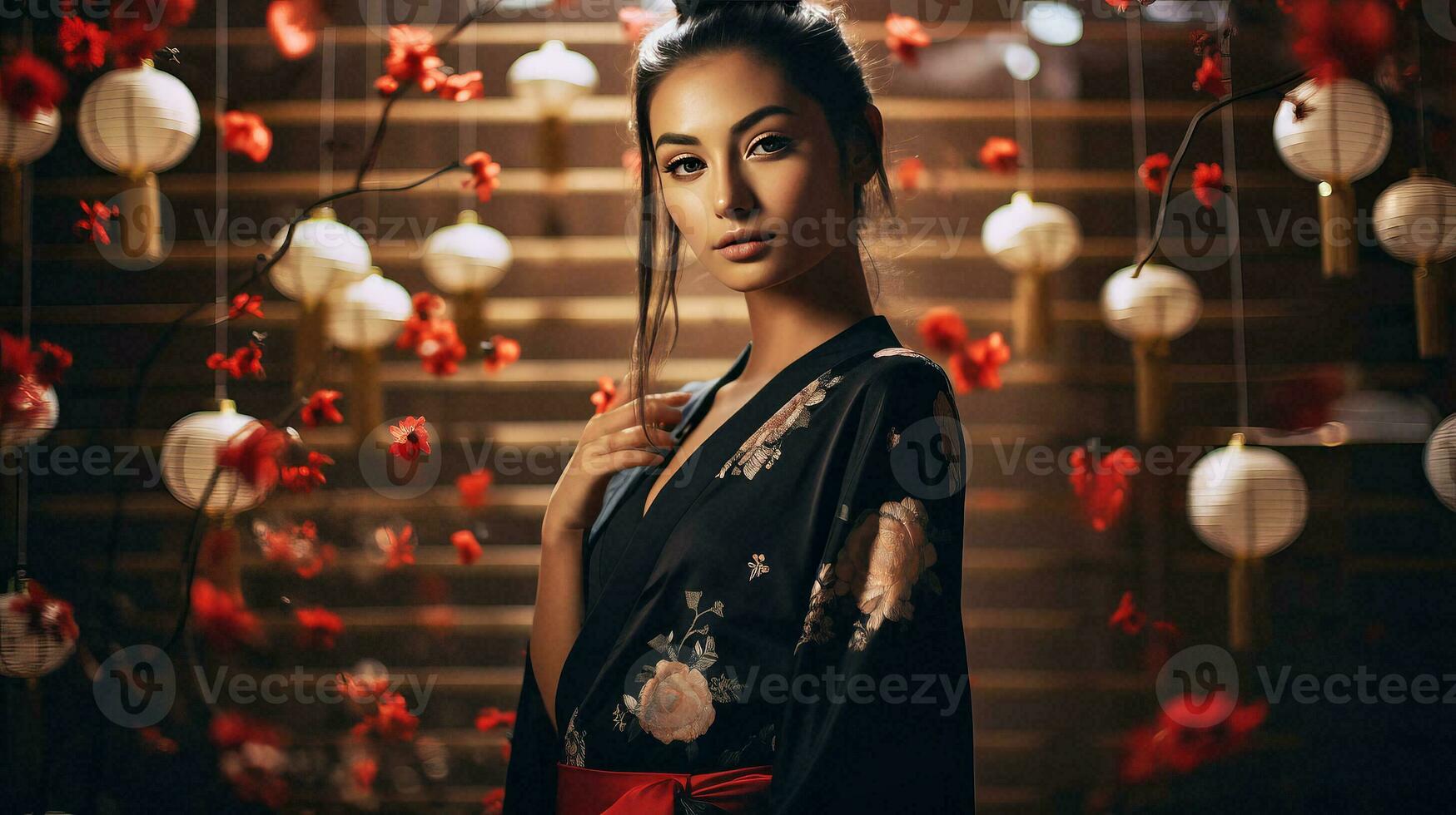 ai gegenereerd een vrouw in een kimono Holding een paraplu foto