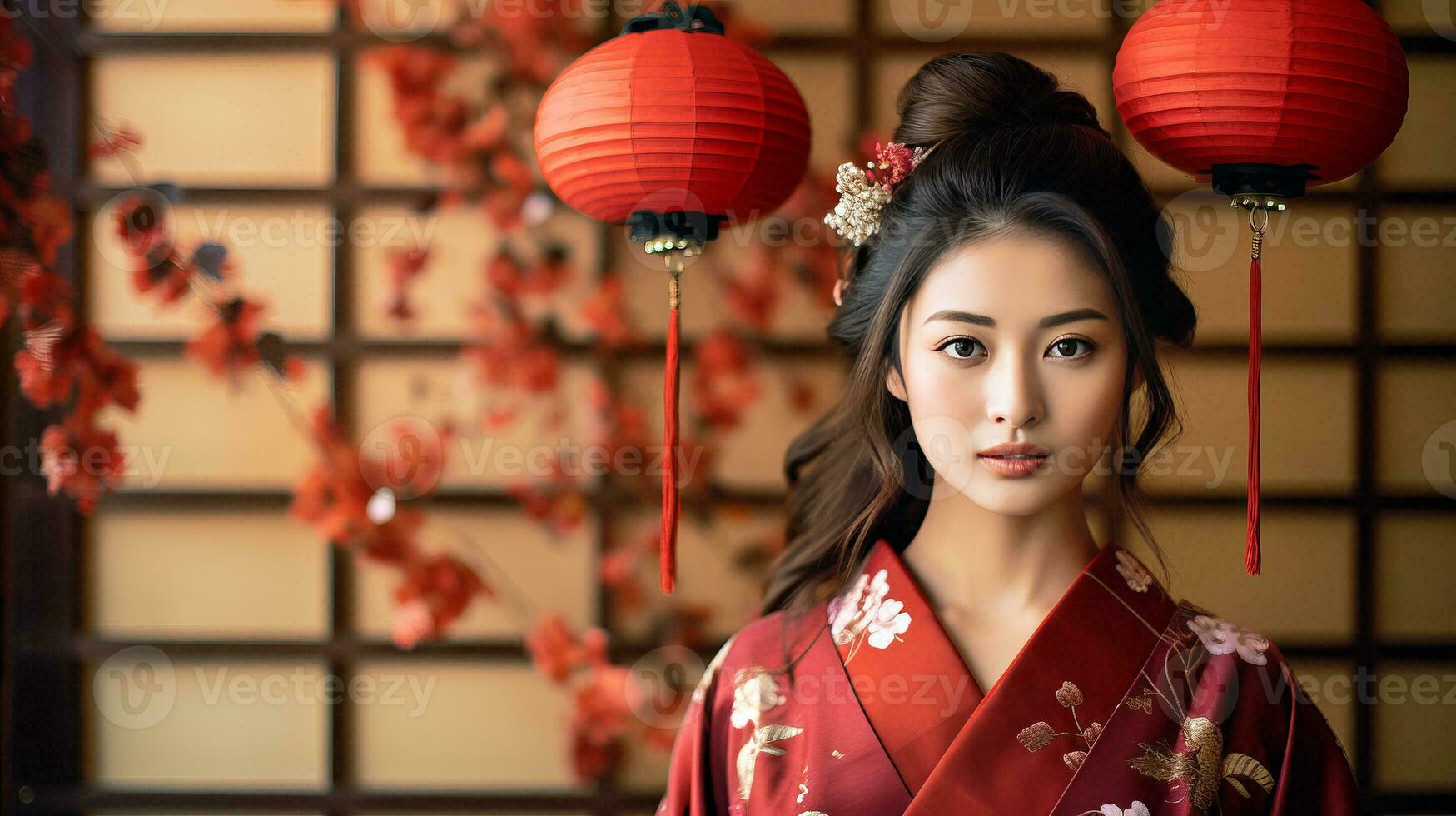 ai gegenereerd vrouw in rood kimono poses met twee traditioneel lantaarns foto