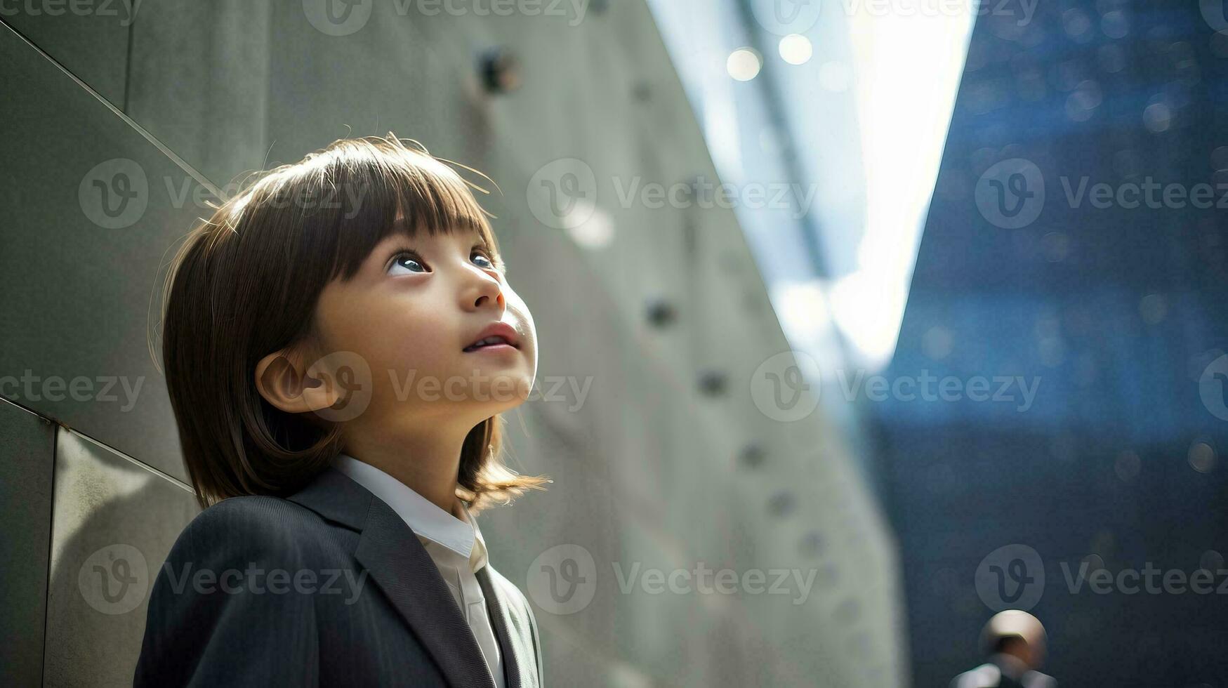 ai gegenereerd weinig meisje staren omhoog Bij de muur foto