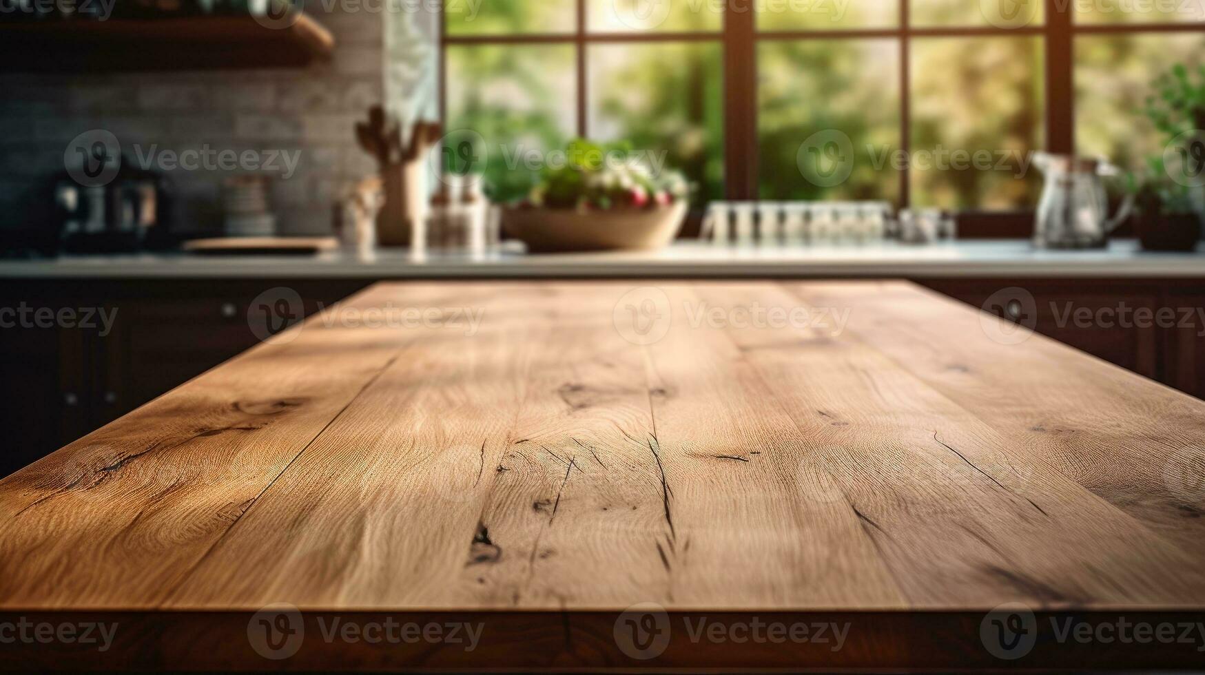 ai gegenereerd leeg bruin houten tafel top en wazig onscherp modern keuken achtergrond, ai generatief foto