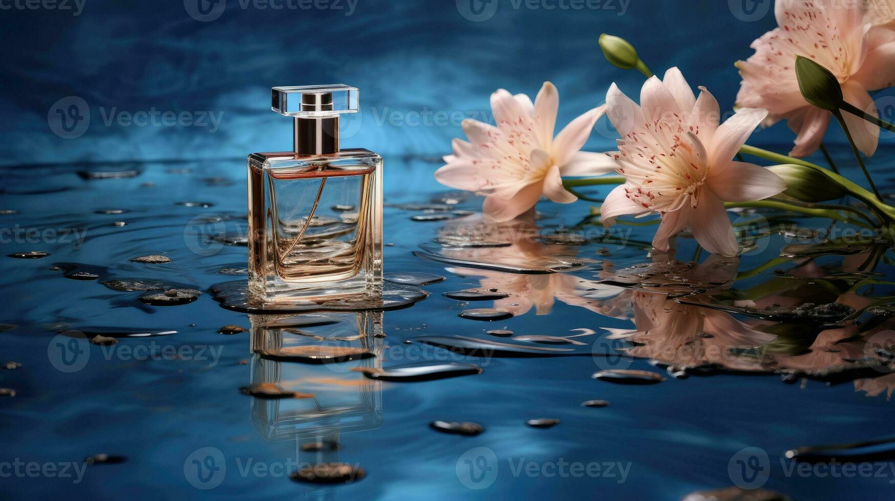 ai gegenereerd Product foto van een parfum drijvend Aan de water oppervlak, ai generatief