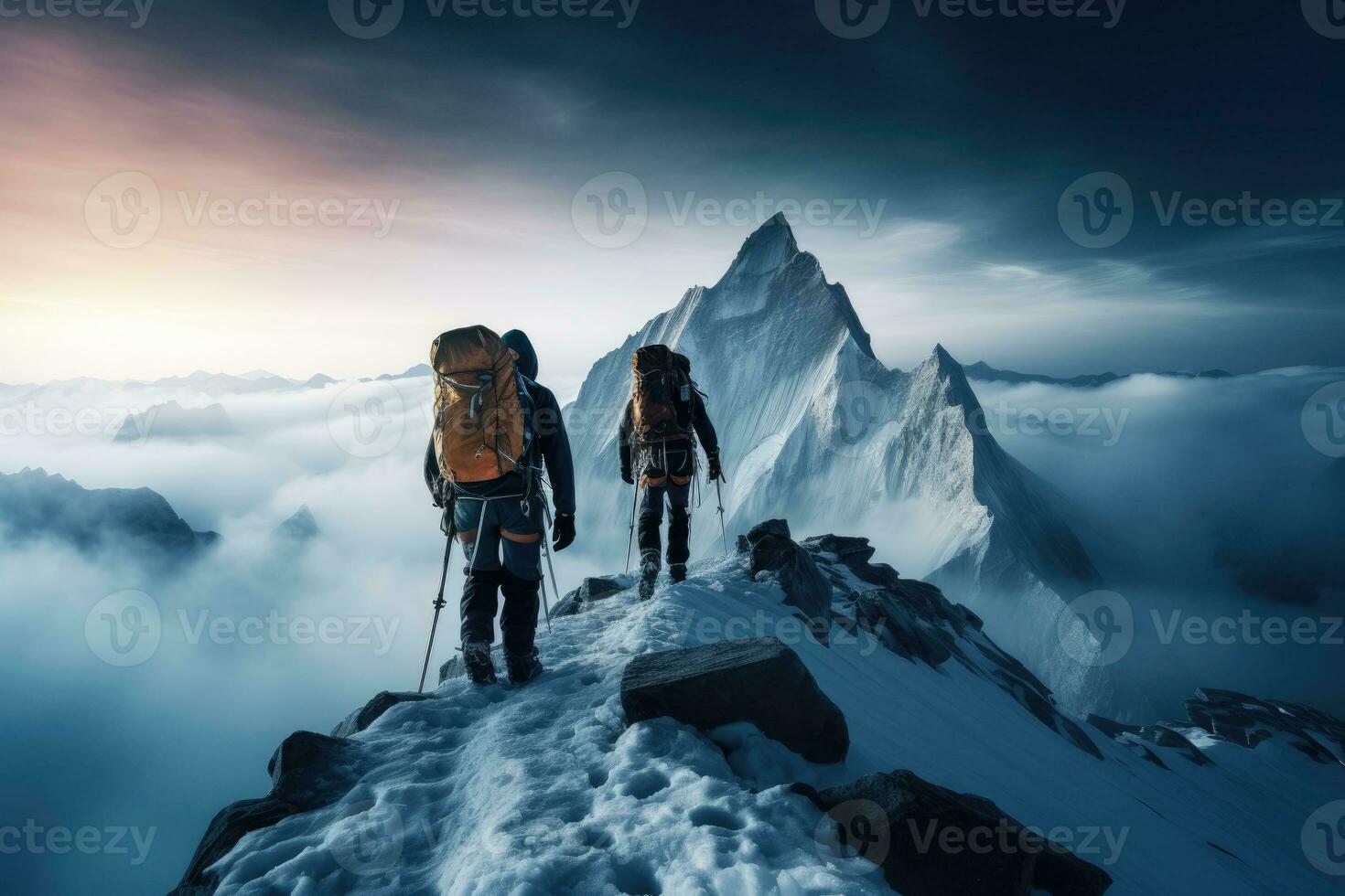 ai gegenereerd besneeuwd mistig berg klimmers, 2 klimmers beklimmen naar de top van besneeuwd berg, hiking, ai generatief foto
