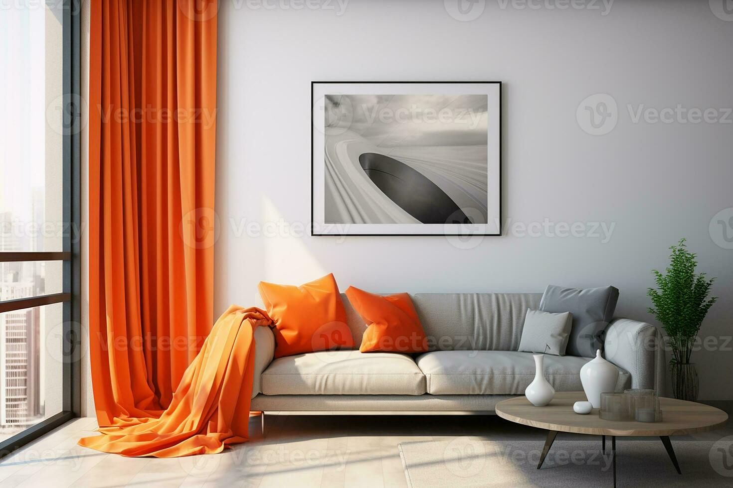 ai gegenereerd 3d weergegeven minimaal stijl modern leven kamer interieur ontwerp met sofa foto