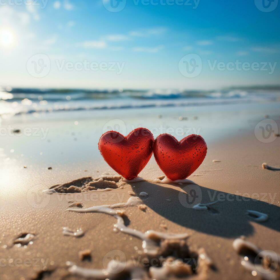 ai gegenereerd twee rood harten Aan de zand tegen de achtergrond van de oceaan Aan een zonnig dag foto