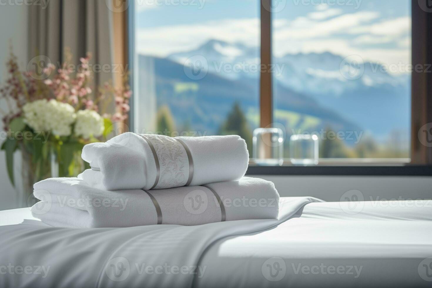 ai gegenereerd een stack van wit handdoeken Aan een bed in een hotel kamer, tegen de backdrop van een panoramisch venster met uitzicht groen alpine weiden foto
