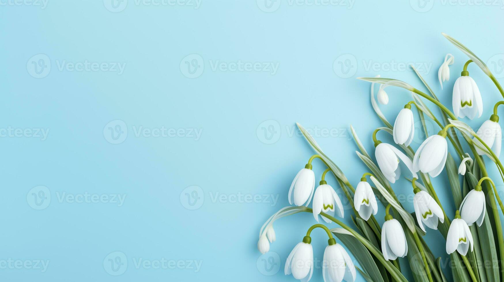 ai gegenereerd achtergrond Aan een pale blauw achtergrond met sneeuwklokje bloemen foto