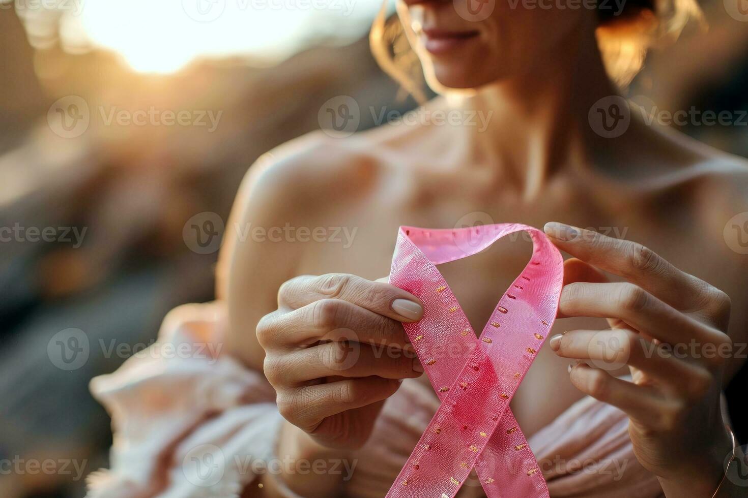 ai gegenereerd een Internationale bewustzijn dag, vrouw houden roze lint kanker bewustzijn. ai generatief foto