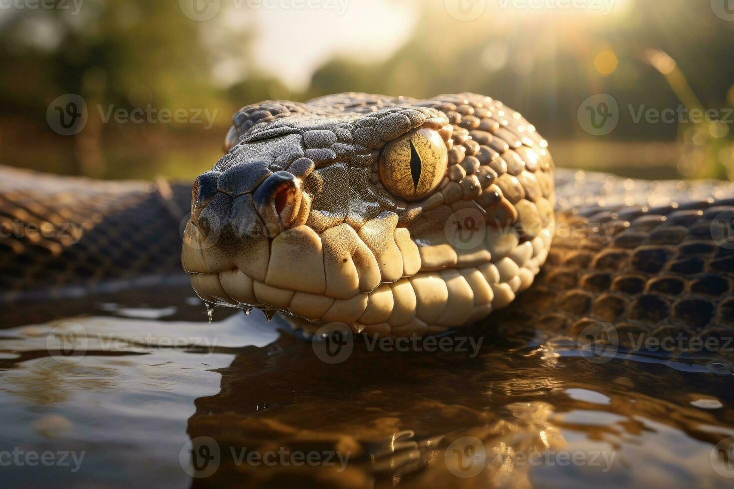 ai gegenereerd een dichtbij omhoog van een slang zwemmen in een tank van water. generatief ai foto