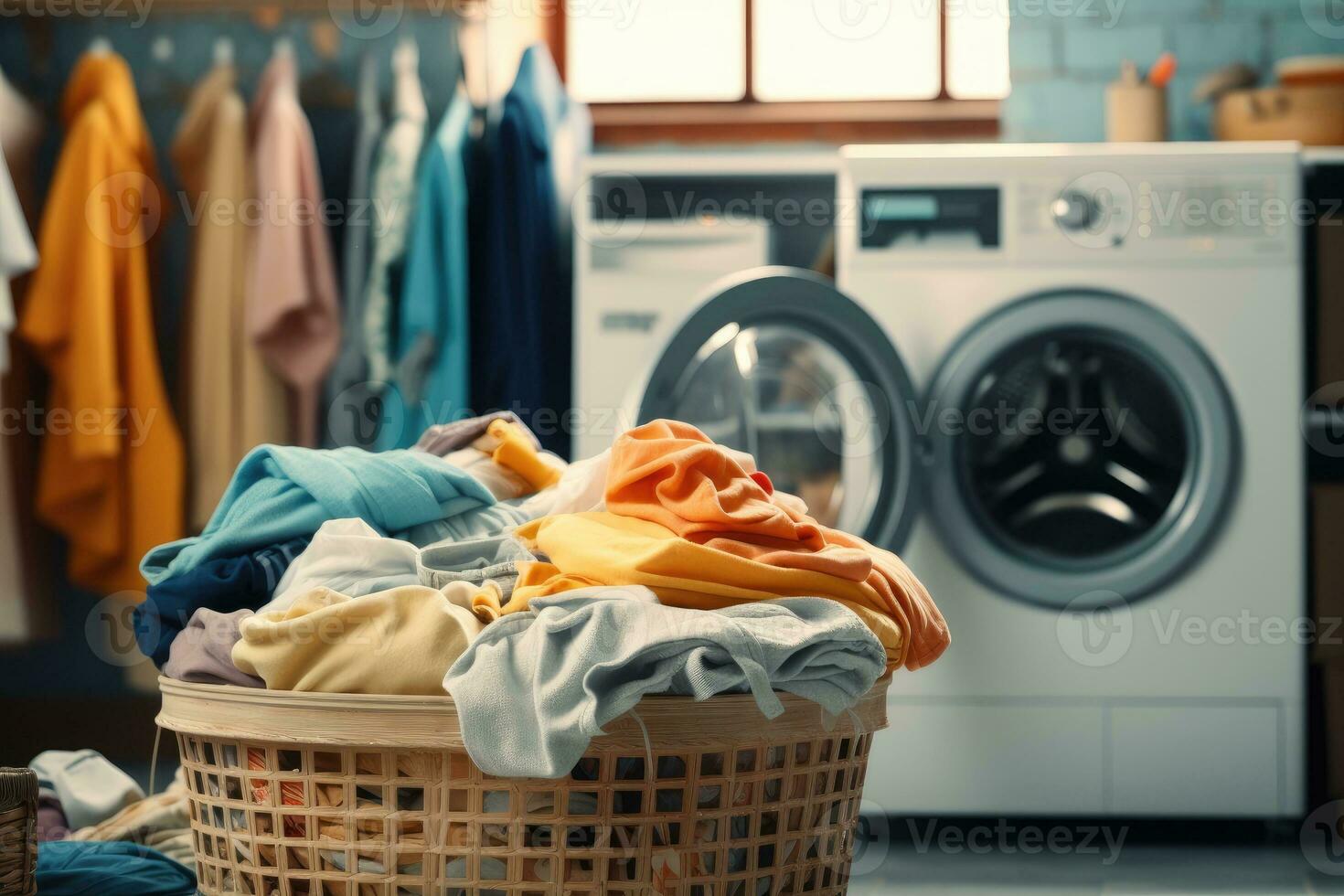 ai gegenereerd kleren in mand Bij wasserij winkel met modern het wassen machine .generatief ai foto