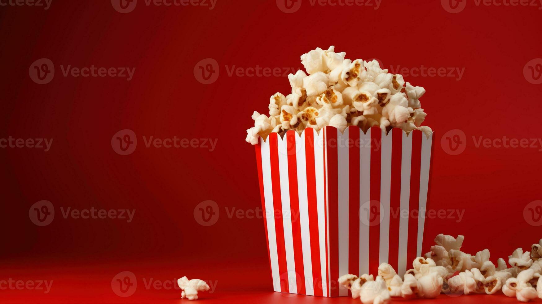 ai gegenereerd gestreept doos met popcorn Aan de rood achtergrond, kopiëren ruimte. tussendoortje, film, film, bioscoop foto