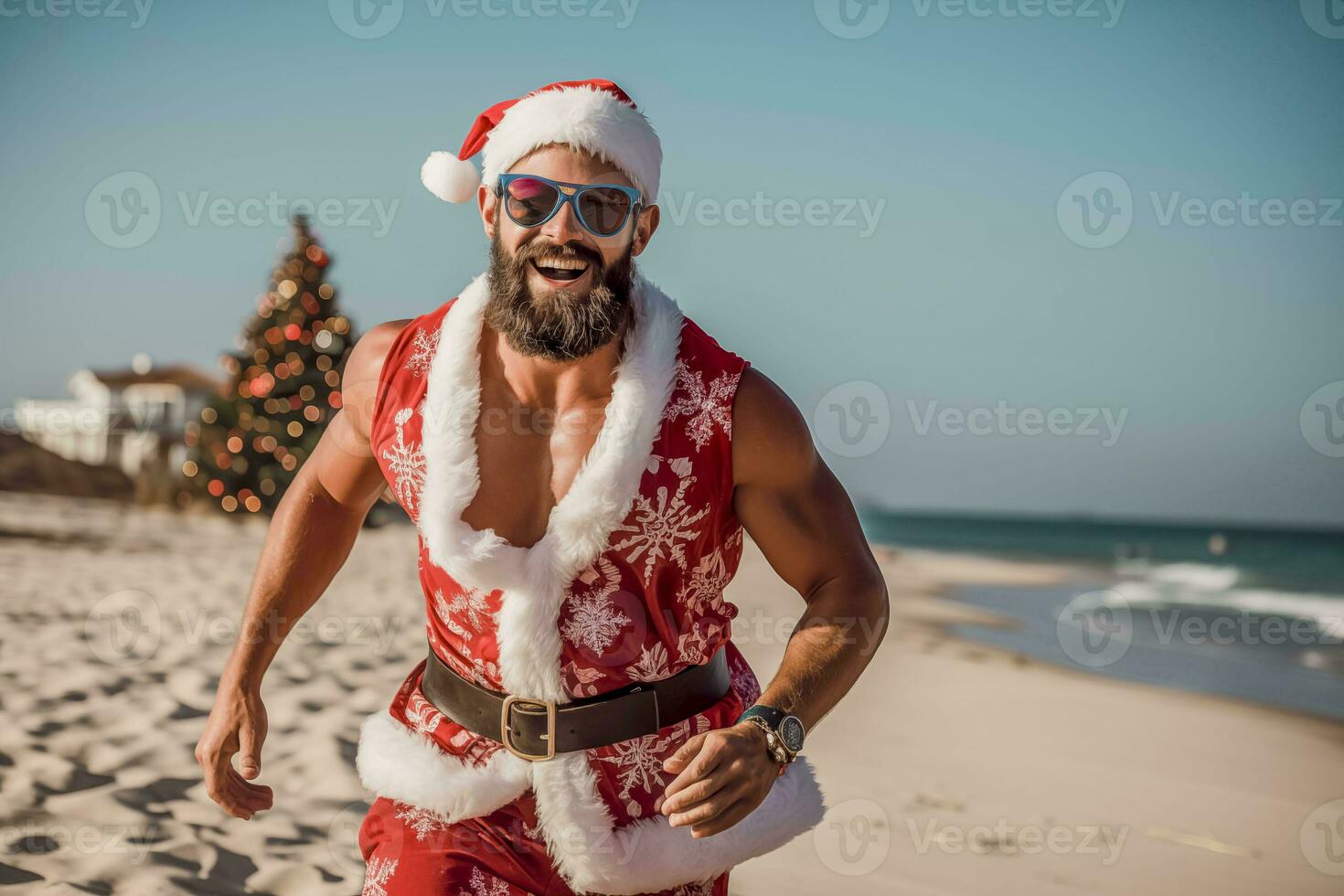 ai gegenereerd aantrekkelijk gespierd jong Mens vervelend een de kerstman claus kledingstuk rennen Bij strand en glimlachen Bij de camera foto