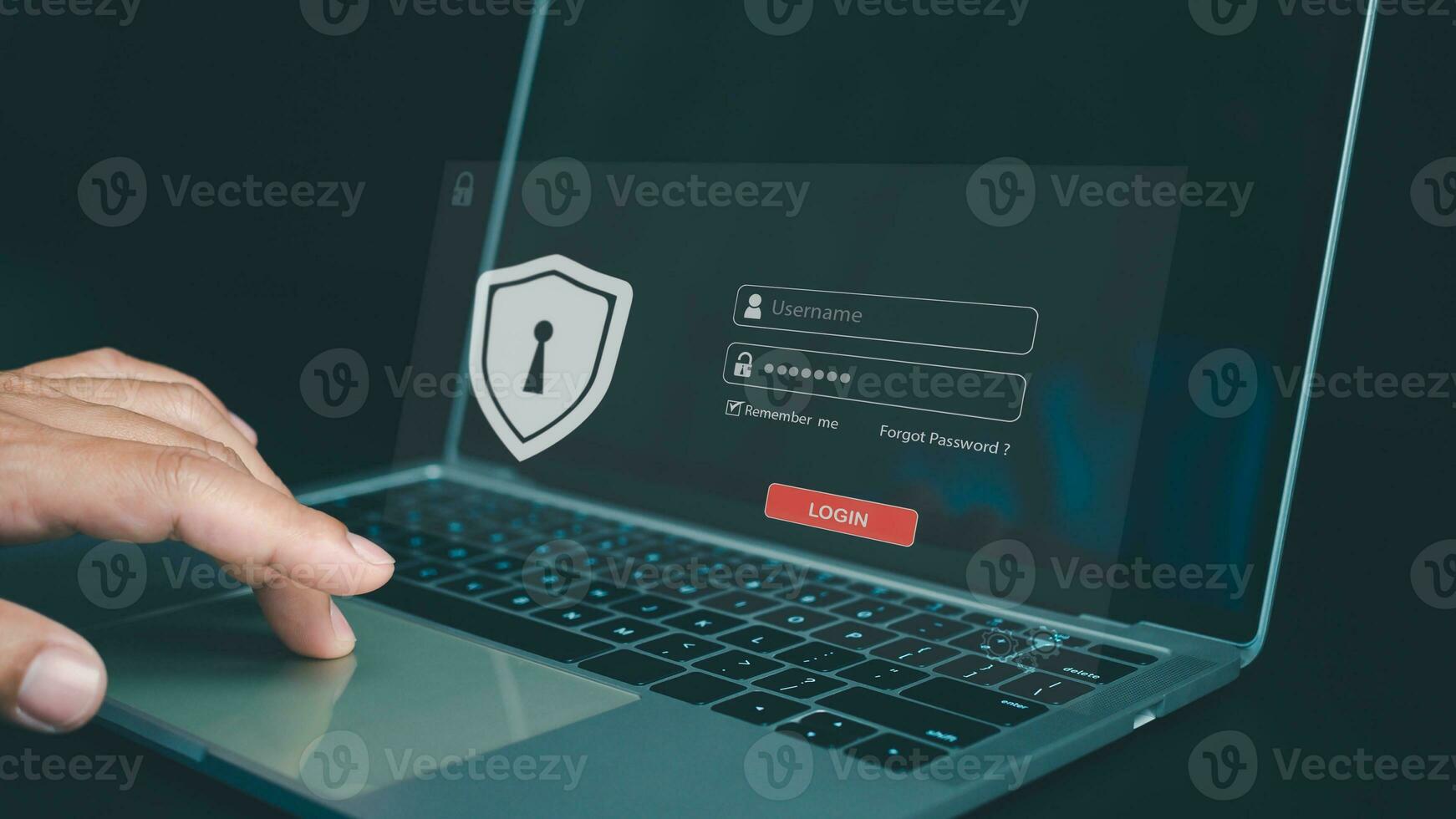 cyber veiligheid en wachtwoord Log in concept, handen toepassingen computer en binnengaan gebruikersnaam en wachtwoord van gegevens netwerk, log in met laptop naar digitaal informatie systeem, online gegevens bescherming concept foto