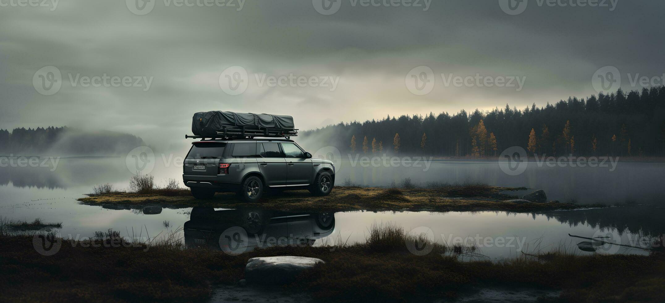 ai gegenereerd auto Aan de mistig meer met een tent foto